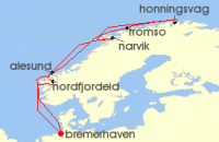 Cruise itinerary map for TUI Cruises 14 Nachte - Winterliches Norwegen - Ab/Bis Bremerhaven (119732)