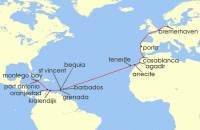 Cruise itinerary map for Phoenix Reisen 26 Nacht Von Bremerhaven bis Jamaika (141506)