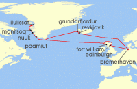 Cruise itinerary map for Phoenix Reisen 24 Nacht Die grose Gronlandreise und das Military Tattoo (141460)