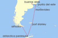 Cruise itinerary map for Azamara Cruises 12 Night Cruise Uruguay, Antarctica & Chile Cruise: Montevideo, Falkland Islands & Chilean Fjords (134889)