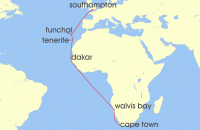 Cruise itinerary map for Cunard Line 20 Night Cape Town To Southampton (131161)