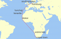 Cruise itinerary map for Cunard Line 22 Night Cape Town To Hamburg (126523)
