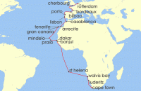 Cruise itinerary map for Holland America Line 35 Night Grand World Voyage (136766)