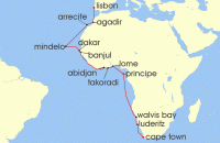 Cruise itinerary map for Oceania Cruises 24 Night Gold & Ivory Coasts Cape Town to Lisbon (127666)