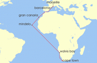 Cruise itinerary map for Costa Cruises 18 Night World Tour from Cape Town (133399)
