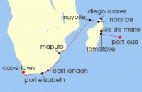 Cruise itinerary map for Regent Seven Seas Cruises 16 Night Shores Of Madagascar Cape Town To Port Louis (141862)
