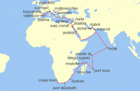 Cruise itinerary map for Regent Seven Seas Cruises 61 Night Indian Ocean Odyssey Cape Town To Barcelona (139289)