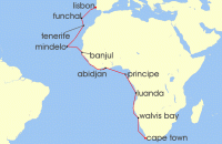 Cruise itinerary map for Regent Seven Seas Cruises 21 Night Table Mountain To Tagus River Cape Town To Lisbon (136125)
