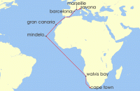 Cruise itinerary map for Costa Cruises 19 Night World Cruise from Cape Town (133395)