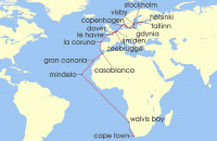 Cruise itinerary map for Princess Cruises 33 Night World Cruise Segment - Cape Town to London (Dover) (134491)