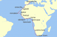 Cruise itinerary map for Regent Seven Seas Cruises 24 Night West Africa Passage Cape Town To Barcelona (124629)