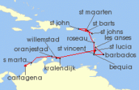 Cruise itinerary map for Silversea Cruises 16 Night Cartagena To Philipsburg, St. Maarten (139623)