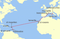 Cruise itinerary map for MSC Cruises 17 Night MSC Grand Voyages (141662)