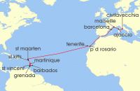 Cruise itinerary map for MSC Cruises 20 Night MSC Grand Voyages (141663)