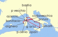 Cruise itinerary map for Windstar Cruises 14 Night Star Collector: Corsica, Sardinia & Amalfi Memories (123639)