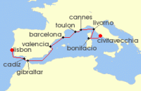 Cruise itinerary map for Oceania Cruises 10 Night Roman Holiday Rome to Lisbon (138158)
