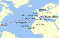 Cruise itinerary map for Oceania Cruises 23 Night Old & New Worlds Rome to Miami (138189)