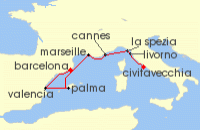 Cruise itinerary map for Oceania Cruises 7 Night Riviera Radiance Rome to Barcelona (138252)