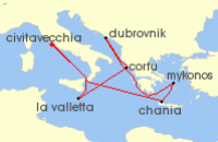 Cruise itinerary map for Disney Cruise Line 9 Night Mediterranean With Greek Isles Cruise From Civitavecchia (Rome) (132410)