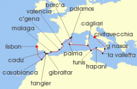 Cruise itinerary map for Silversea Cruises 20 Night Civitavecchia (Rome) To Lisbon (139561)