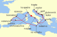 Cruise itinerary map for Cunard Line 21 Night Mediterranean (134894)
