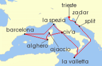 Cruise itinerary map for Cunard Line 14 Night Mediterranean And Adriatic (137818)