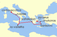 Cruise itinerary map for Regent Seven Seas Cruises 7 Night Ancient Sands Rome (Civitavecchia) To Athens (Piraeus) (123706)