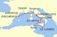 Cruise itinerary map for Regent Seven Seas Cruises 10 Night Old World Exploration Rome (Civitavecchia) To Barcelona (142417)