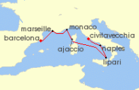 Cruise itinerary map for Explora Journeys 7 Night A Journey through Italian Treasures & French Riviera Elegance (134577)