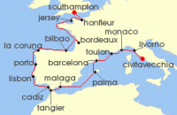 Cruise itinerary map for Regent Seven Seas Cruises 20 Night Legacies & Empires Rome (Civitavecchia) To London (Southampton) (136497)