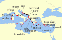 Cruise itinerary map for Princess Cruises 21 Night The Best of the Mediterranean (141927)