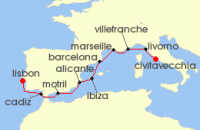 Cruise itinerary map for Norwegian Cruise Line 9 Night Europe From Rome to Lisbon: Italy, France & Spain (142548)