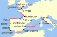 Cruise itinerary map for Silversea Cruises 19 Night Civitavecchia (Rome) To Southampton (141547)