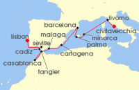 Cruise itinerary map for Azamara Cruises 17 Night Cruise Mediterranean & Iberian New Year Cruise: Italy, Spain & Morocco (129738)