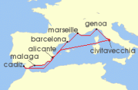 Cruise itinerary map for MSC Cruises 10 Night Mediterranean (135870)