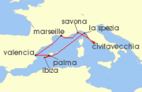 Cruise itinerary map for Costa Cruises 8 Night Western Mediterranean from Civitavecchia / Rome (132729)