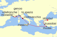 Cruise itinerary map for Cunard Line 14 Night Istanbul (128816)