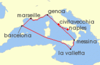 Cruise itinerary map for MSC Cruises 7 Night Mediterranean (126820)