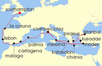Cruise itinerary map for Cunard Line 25 Night Istanbul (139940)