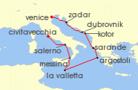 Cruise itinerary map for Oceania Cruises 9 Night Seascapes & Gastronomy Rome to Venice (138460)