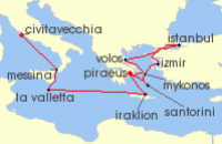 Cruise itinerary map for Costa Cruises 12 Night Mediterranean from Civitavecchia / Rome (130182)