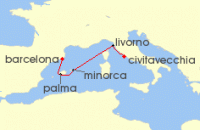 Cruise itinerary map for Azamara Cruises 7 Night Cruise 2026 Christmas Cruise: Florence, Mahon & Palma (129751)