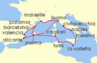 Cruise itinerary map for Regent Seven Seas Cruises 15 Night Mediterranean Pilgrimage Rome (Civitavecchia) To Barcelona (142339)