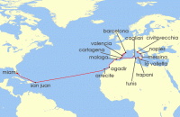 Cruise itinerary map for Oceania Cruises 25 Night Allura Autumn Crossing Rome to Miami (133621)