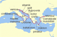 Cruise itinerary map for Viking Cruises 21 Night Adriatic & Mediterranean Sojourn (121457)