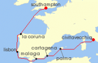 Cruise itinerary map for Cunard Line 11 Night Italy (118578)