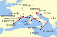 Cruise itinerary map for Seabourn 21 Night Mediterranean Mosaic: Italy, France, Spain & Malta (137347)