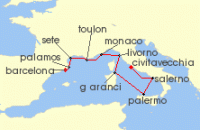 Cruise itinerary map for Oceania Cruises 9 Night Latin Languages of Love Rome to Barcelona (138240)