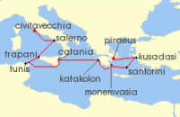 Cruise itinerary map for Oceania Cruises 10 Night Italian & Aegean Idyll Rome to Athens (127838)