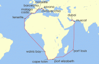 Cruise itinerary map for Costa Cruises 38 Night Ocean Cruises from Civitavecchia / Rome (136781)